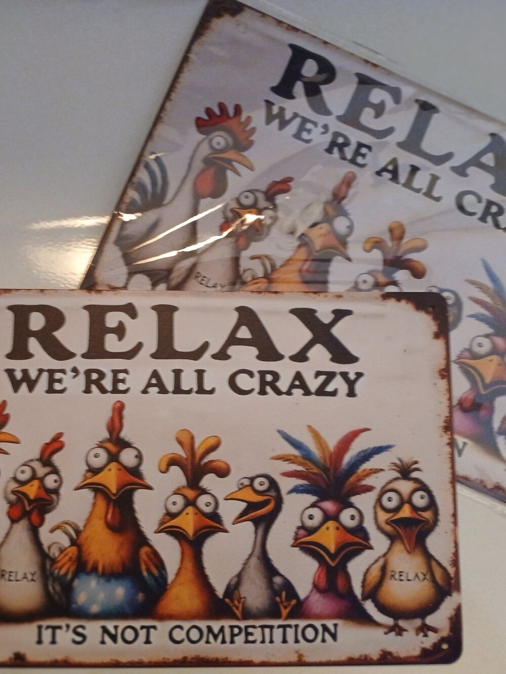 RELAX Decorative Tin Sign with Colorful Rooster Art